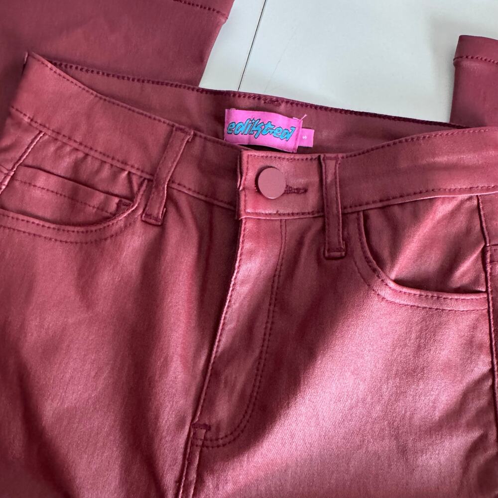 Edikted Luna Faux Leather Burgundy  Flare Jeans Size Small